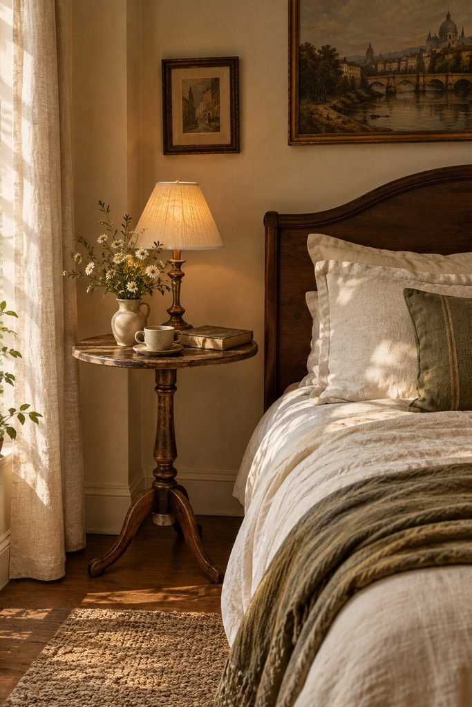 Vintage bistro-inspired bedside table with coffee cup, flowers, book, and relaxed linen bedding