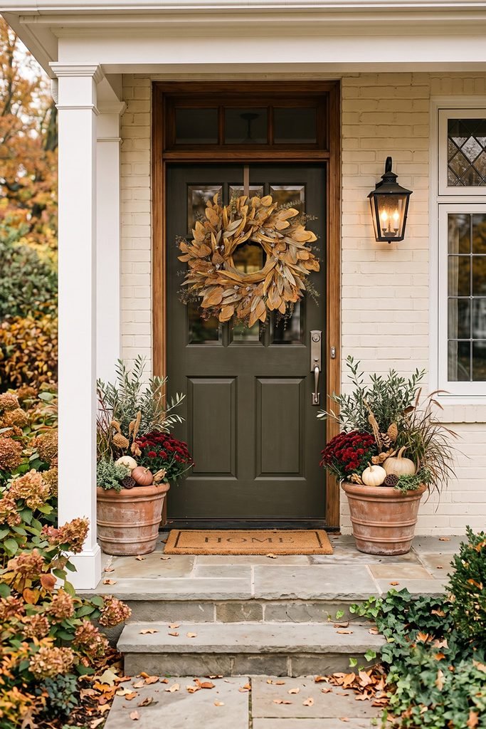 Elegant Thanksgiving front door with a natural autumn wreath
