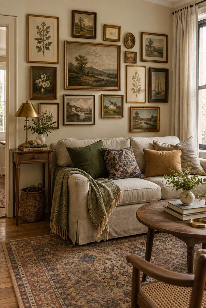 Small vintage apartment with a thrifted gallery wall of mismatched gold, walnut, and black frames above a cozy sofa
