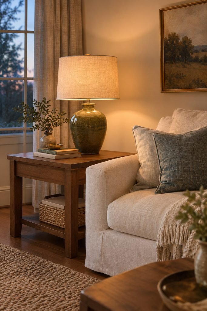 Olive ceramic table lamp with linen shade creating a soft living room glow