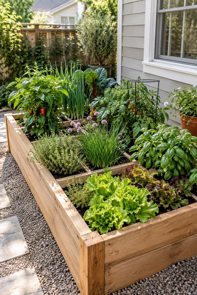 Compact raised kitchen garden bed divided into sections for herbs and vegetables