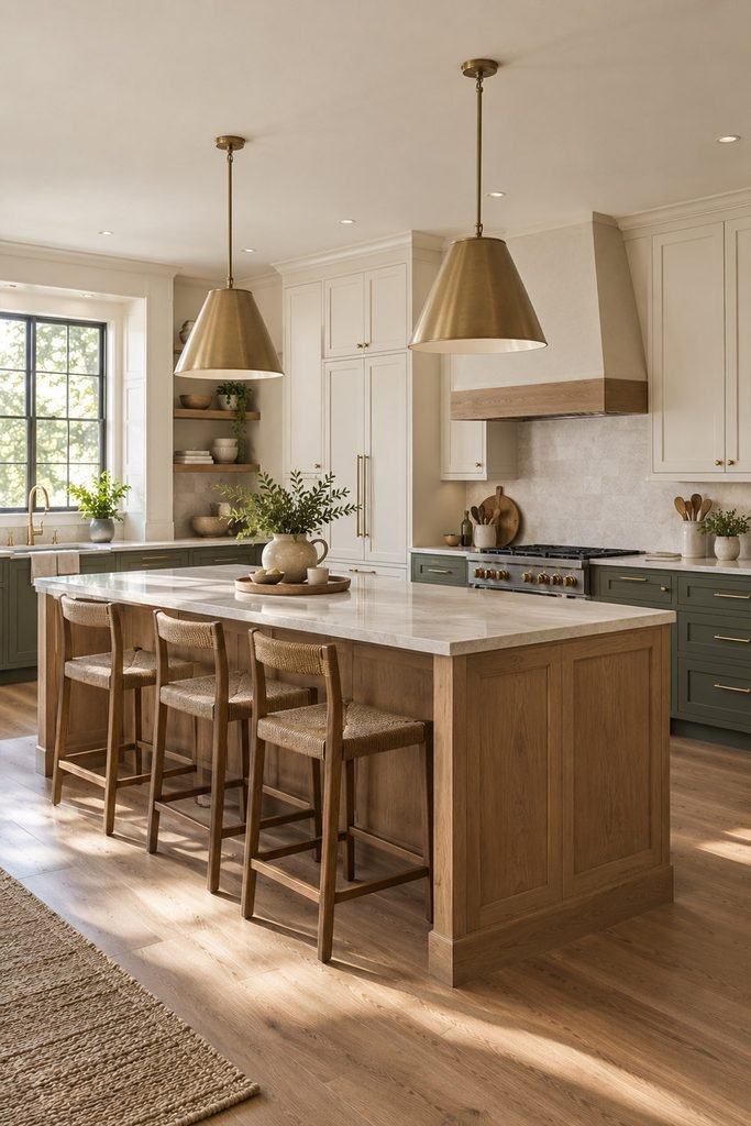 Two-tone kitchen with warm white upper cabinets, muted olive lower cabinets, and a natural oak island.