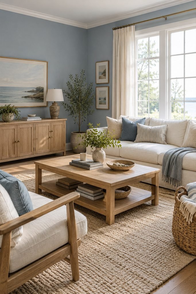 Relaxed living room with dusty blue walls, ivory sofa, light oak furniture, and neutral coastal-inspired decor