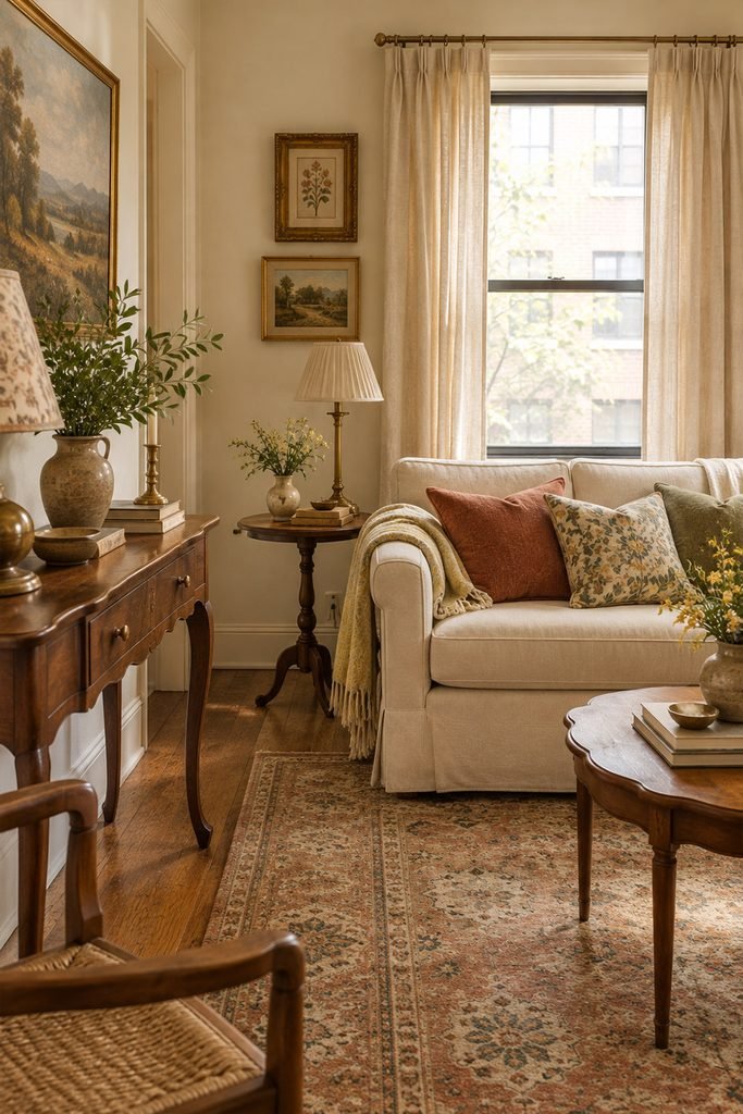 Cozy vintage apartment with warm walnut furniture, curved wooden details, cream seating, and terracotta accents