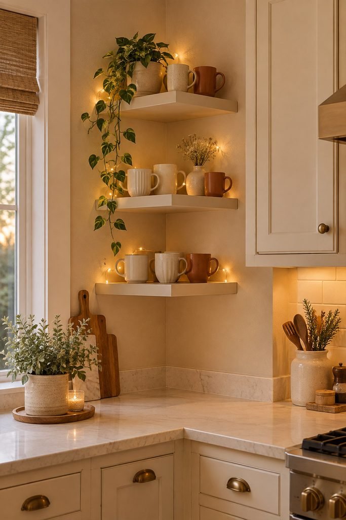 Cream and terracotta mugs displayed on floating corner shelves in a small kitchen
