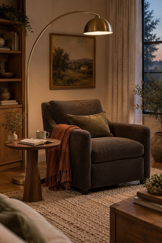 Brushed brass arc floor lamp illuminating a cozy living room reading nook