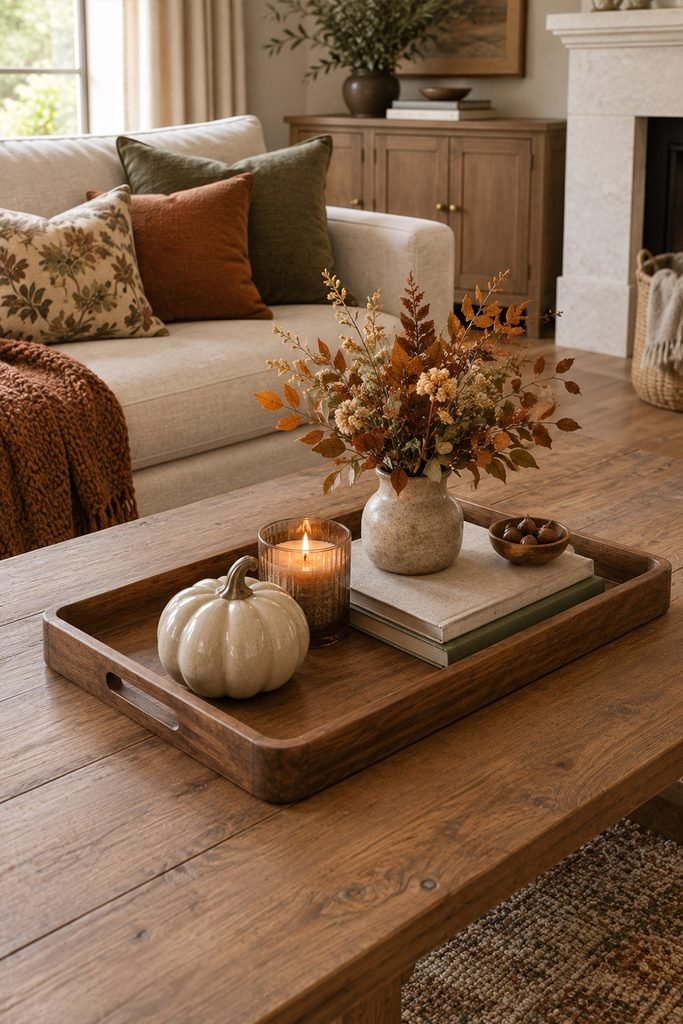 Thanksgiving coffee table styled with a wooden tray and autumn accents