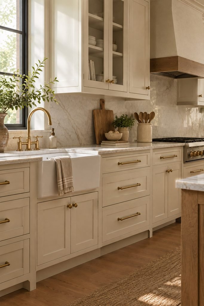 Warm cream kitchen cabinetry detailed with elegant aged brass drawer pulls and knobs.