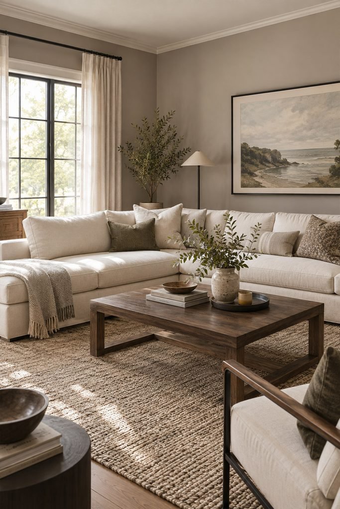 Warm greige living room with cream seating, natural wood furniture, black accents, and layered neutral textures