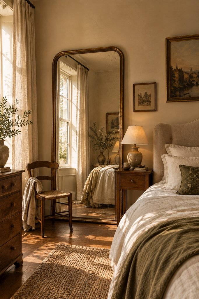 European café inspired bedroom with oversized aged brass vintage mirror, linen curtains, and warm neutral decor