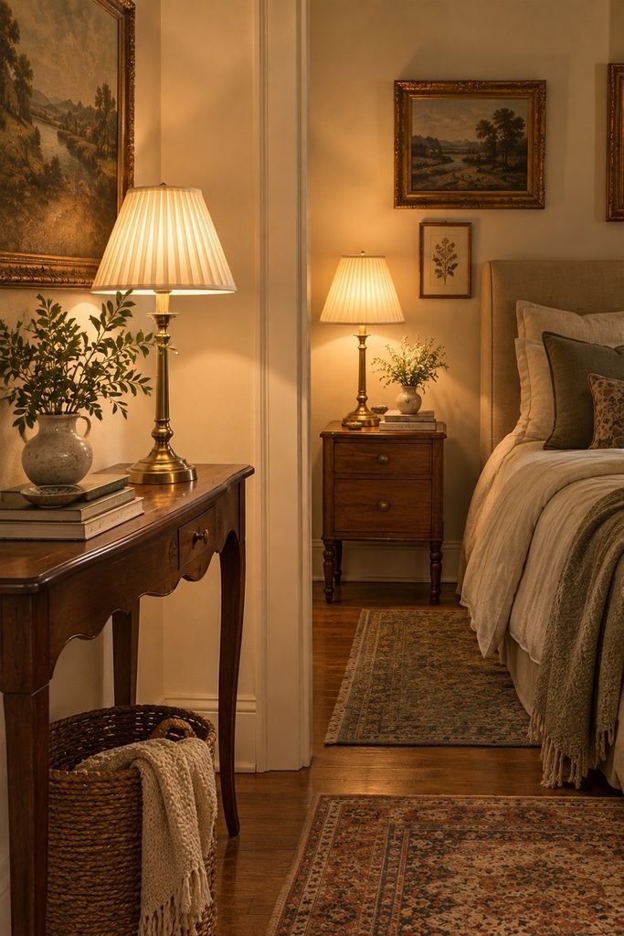 Vintage apartment interior with antique brass lamps, cream pleated shades, warm wood furniture, and cozy evening lighting