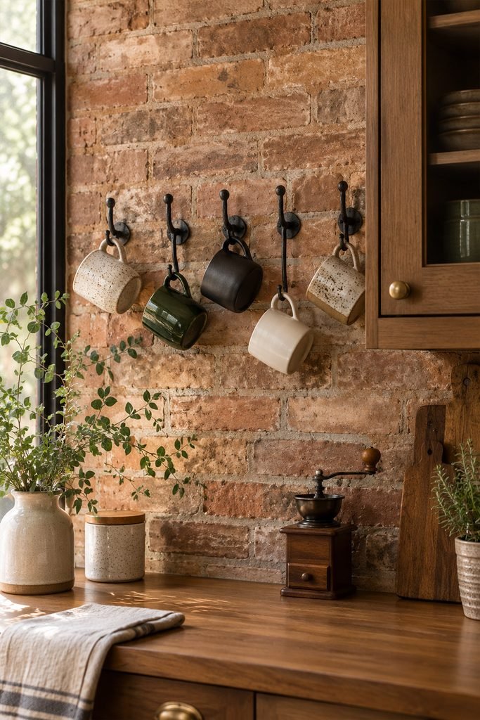Ceramic mugs hanging from black cast iron hooks on an exposed brick kitchen wall