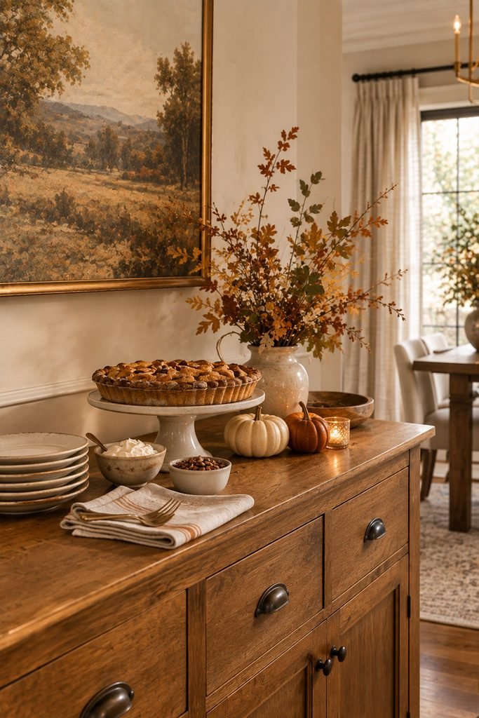 Thanksgiving dessert station with pie, serving pieces, and autumn accents
