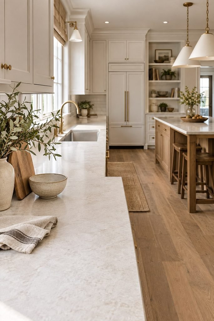 Calm uncluttered kitchen countertop with light stone surface, warm cabinetry, wooden accents, and minimal styling.