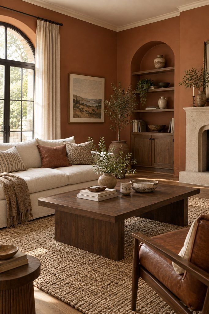 Earthy terracotta living room with cream sofa, walnut furniture, leather chair, and natural textures