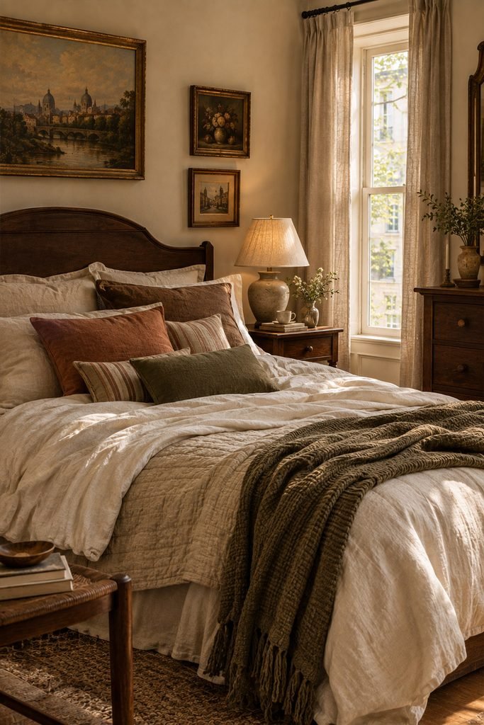 Layered European café inspired bedding in ivory, espresso, caramel, olive, and terracotta tones