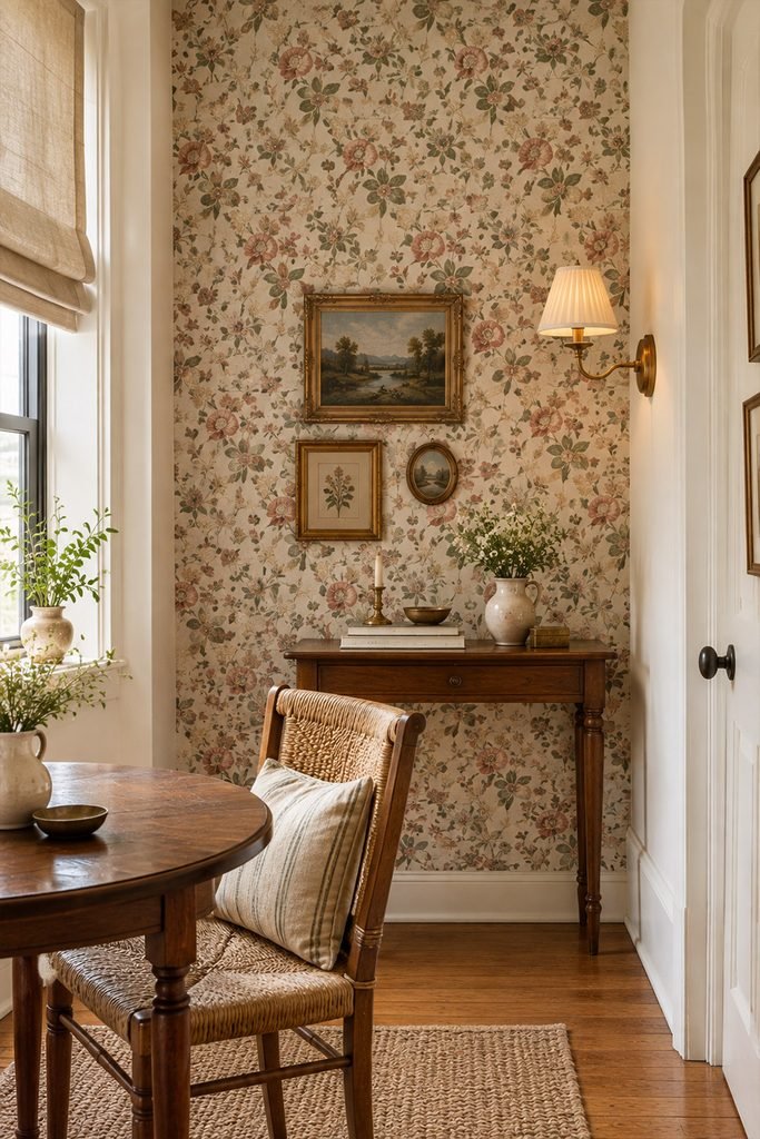 Small vintage apartment with a dusty floral wallpaper accent wall, walnut furniture, brass lighting, and cozy decor