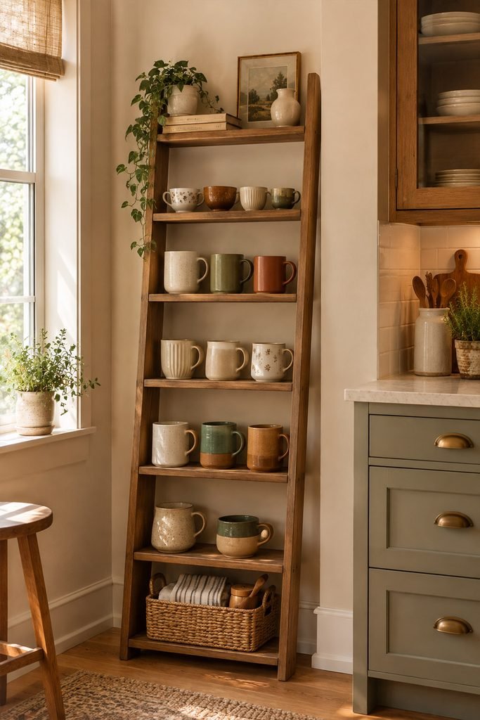 Ceramic mugs displayed across a slim wooden ladder shelf in a cozy kitchen corner