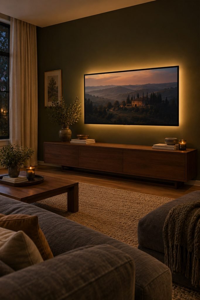 Warm LED backlighting creating a soft halo behind a living room television