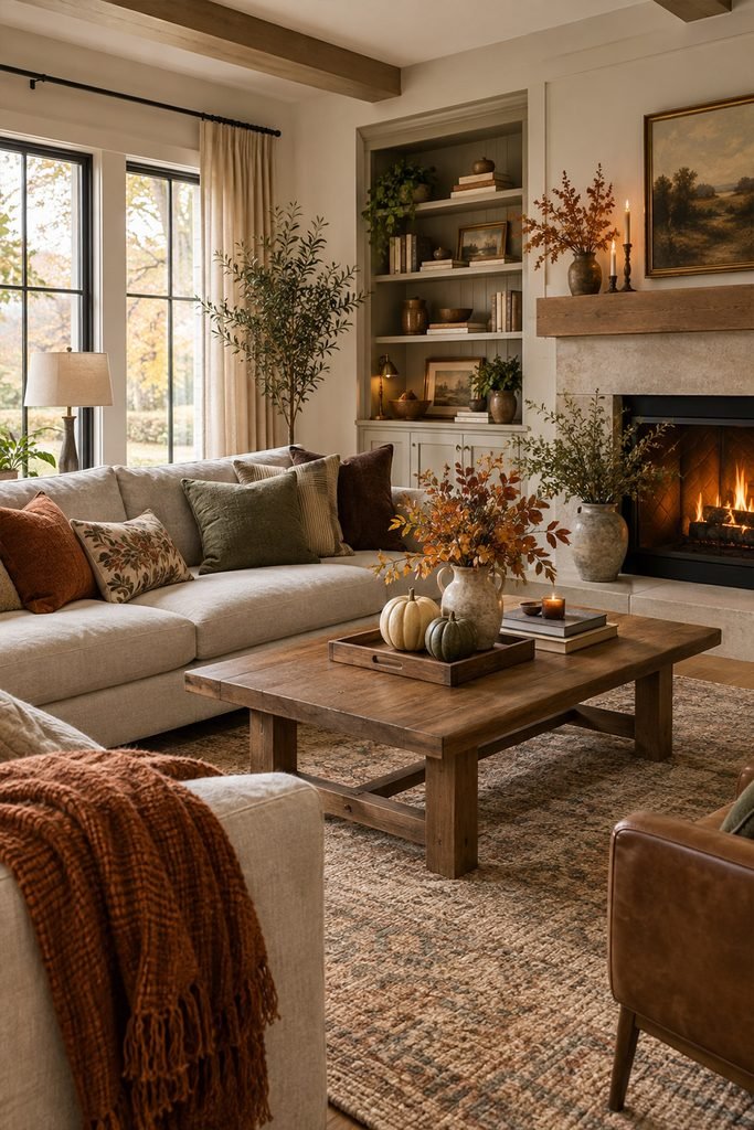 Cozy Thanksgiving living room with textured autumn pillows and warm accents