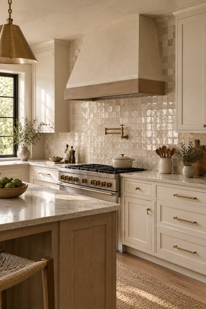 Elegant American kitchen with a textured handmade-look ceramic backsplash, cream cabinetry, stone counters, and brass details.