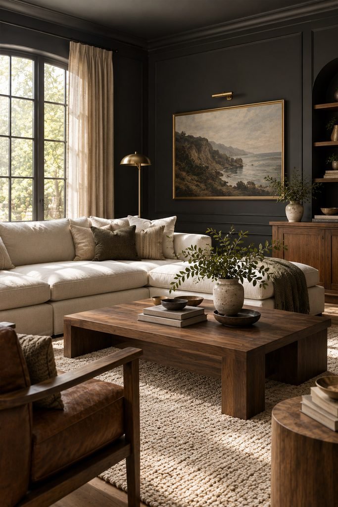 Moody living room with deep charcoal walls, ivory sofa, walnut furniture, brass lighting, and natural daylight
