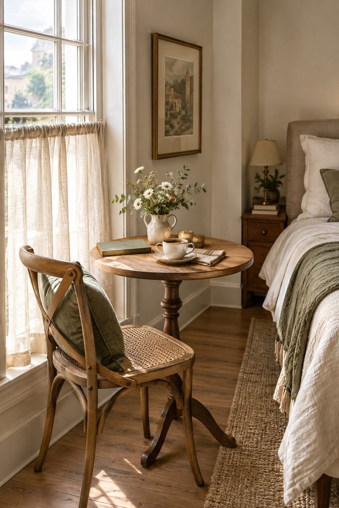 Small bedroom café corner with round bistro table, café chair, coffee cup, flowers, and linen curtains