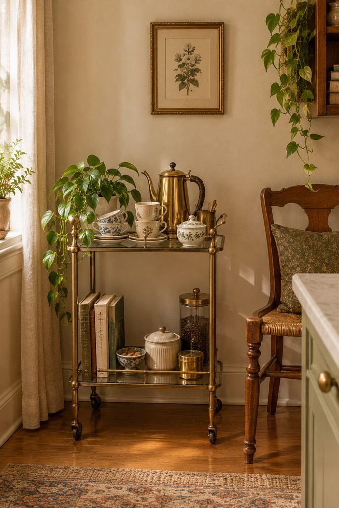 Small vintage apartment coffee corner with a brass glass bar cart, porcelain cups, retro kettle, books, and trailing plant