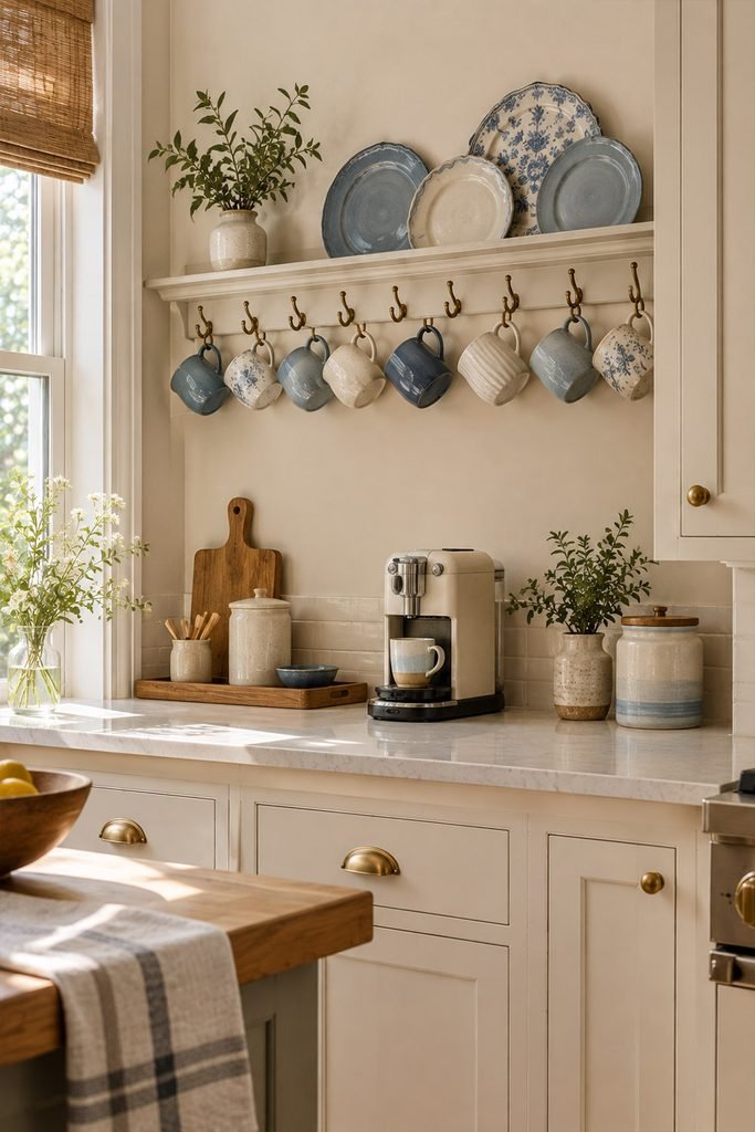 Blue and white ceramic mugs hanging from brass hooks beneath a kitchen plate rail