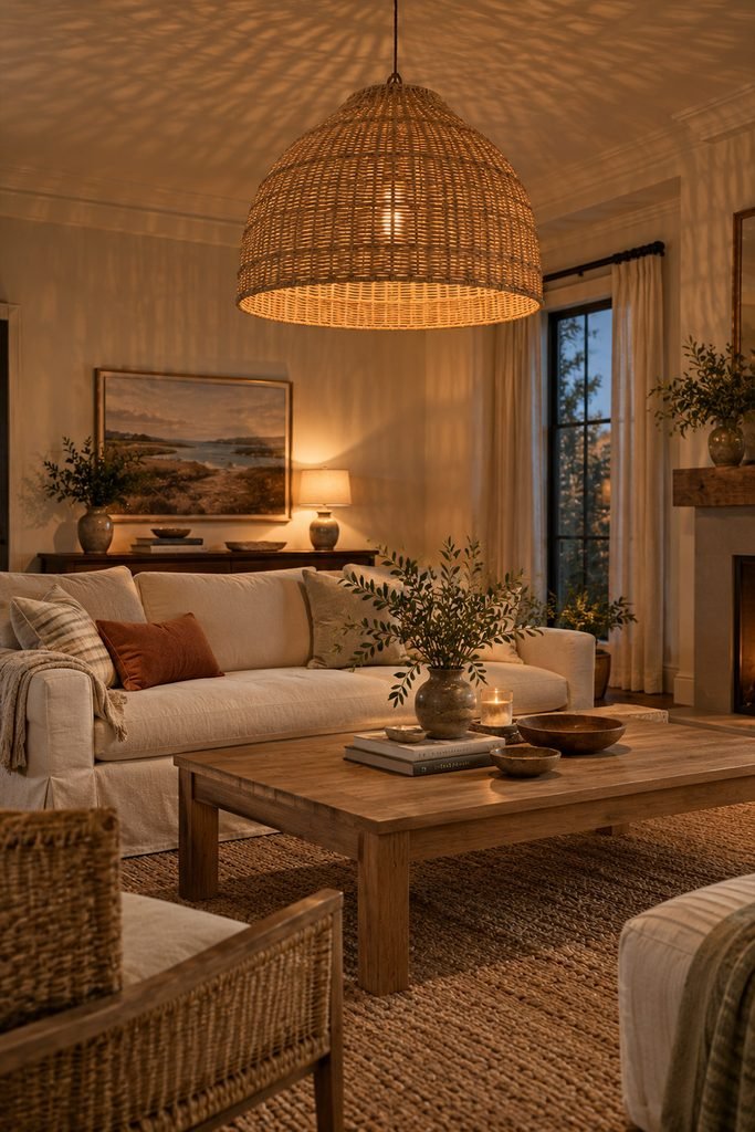 Natural rattan pendant casting patterned light over a coastal-inspired living room
