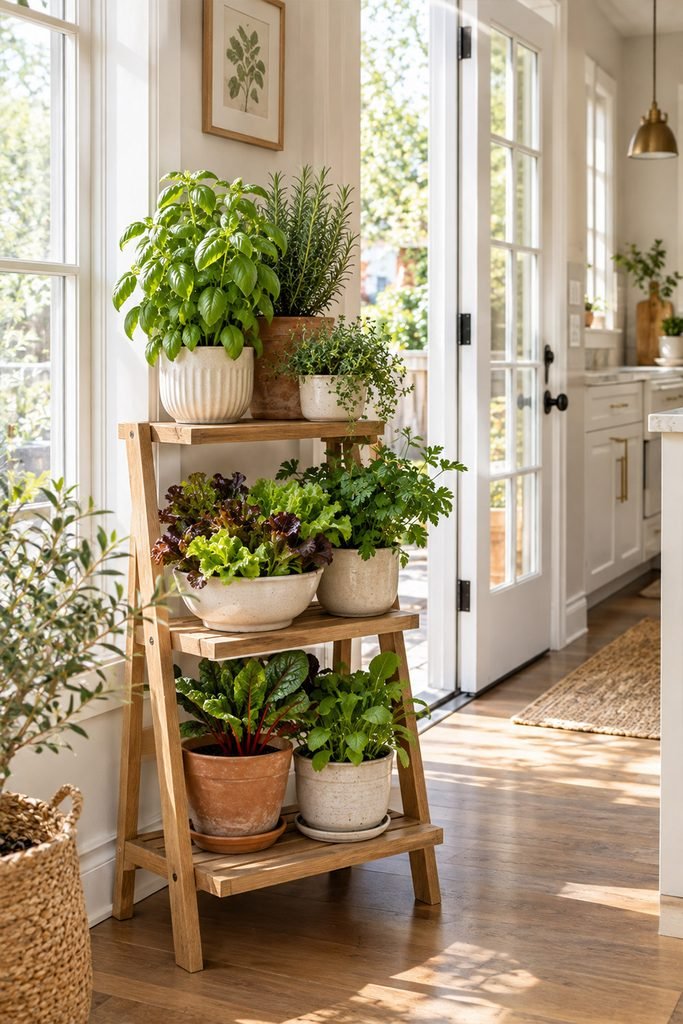 Tiered wooden plant stand holding herbs and vegetables in a sunny kitchen garden corner