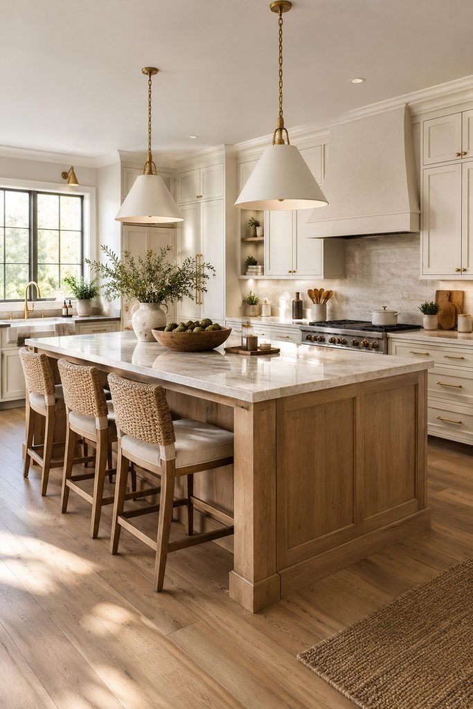 Natural oak kitchen island with stone countertop, woven stools, pendant lights, and subtle decorative styling.