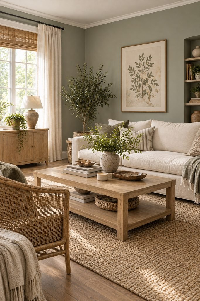 Peaceful living room with pale sage green walls, cream sofa, light oak furniture, and botanical accents