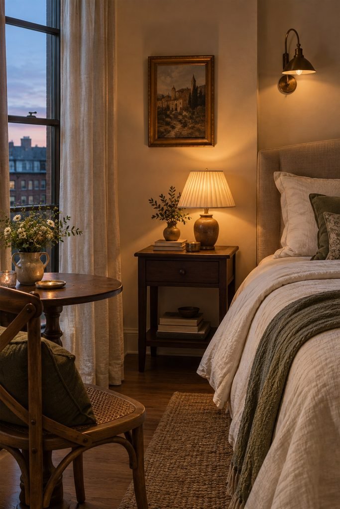 Cozy bedroom with warm vintage-inspired lamps, linen bedding, dark wood furniture, and European café atmosphere