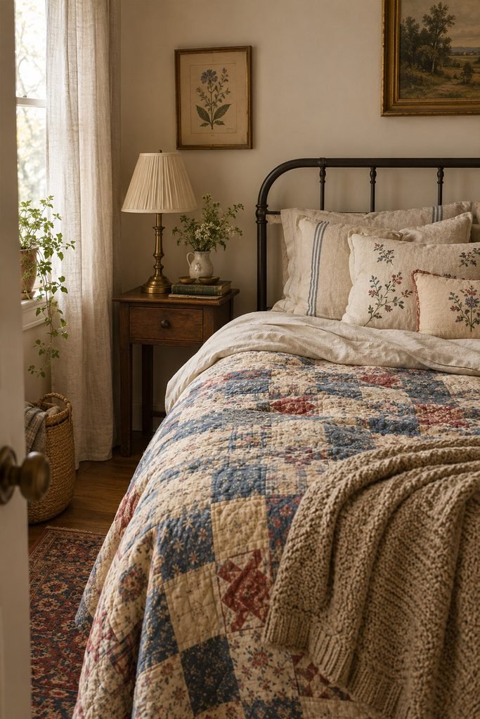 Cozy vintage apartment bedroom with a faded blue and cream patchwork quilt, linen bedding, and antique brass lighting