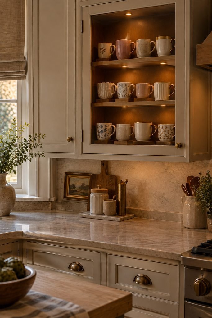 Ceramic mugs arranged inside a softly lit glass-front kitchen cabinet