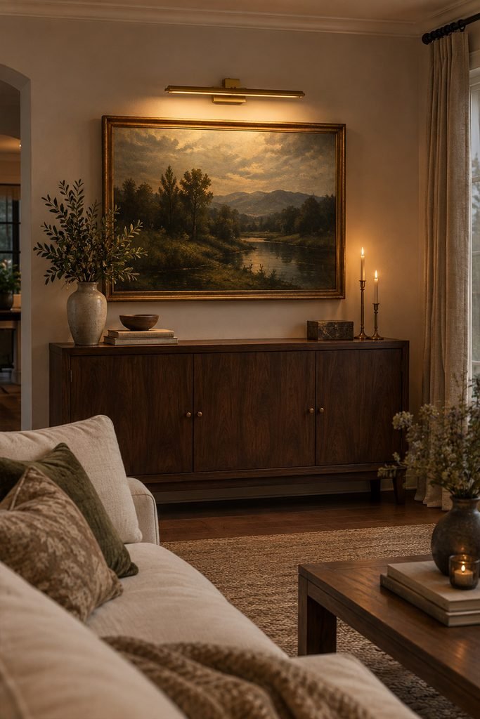 Brass picture light highlighting moody artwork above a living room console