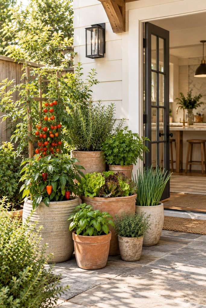 DIY vegetable container garden with tomatoes, peppers, lettuce, onions, and herbs on a patio