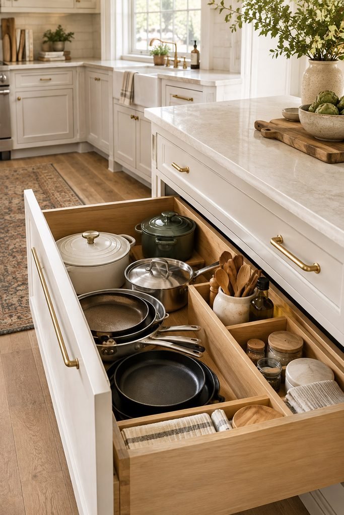 Organized kitchen drawer with neatly arranged cookware and utensils in a stylish American kitchen.