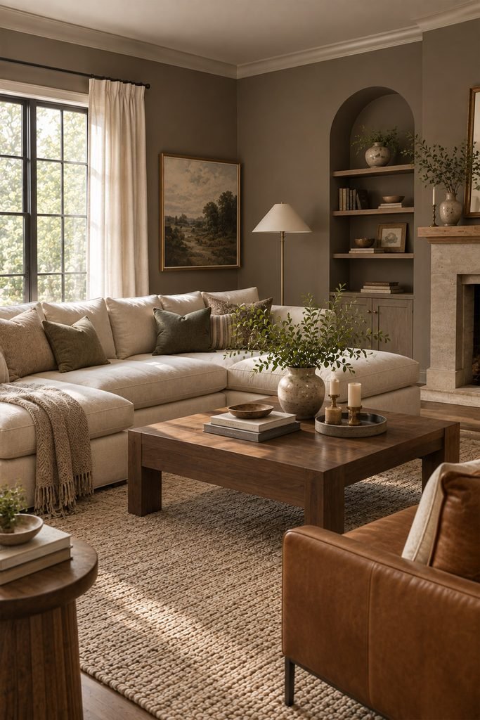Cozy warm taupe living room with cream sofa, caramel chair, walnut table, and layered neutral textures