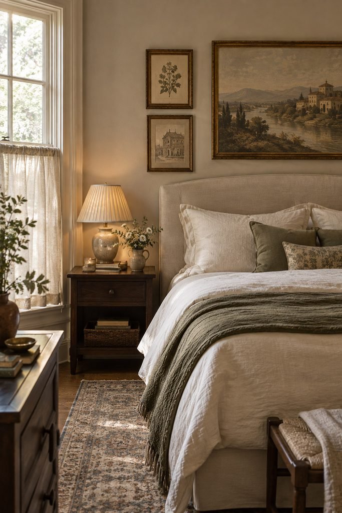 European café inspired bedroom decorated with vintage landscape, botanical, and architectural artwork