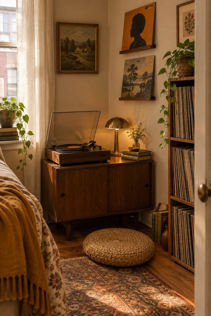 Small vintage apartment record player corner with walnut cabinet, vinyl records, retro decor, and warm mustard accents