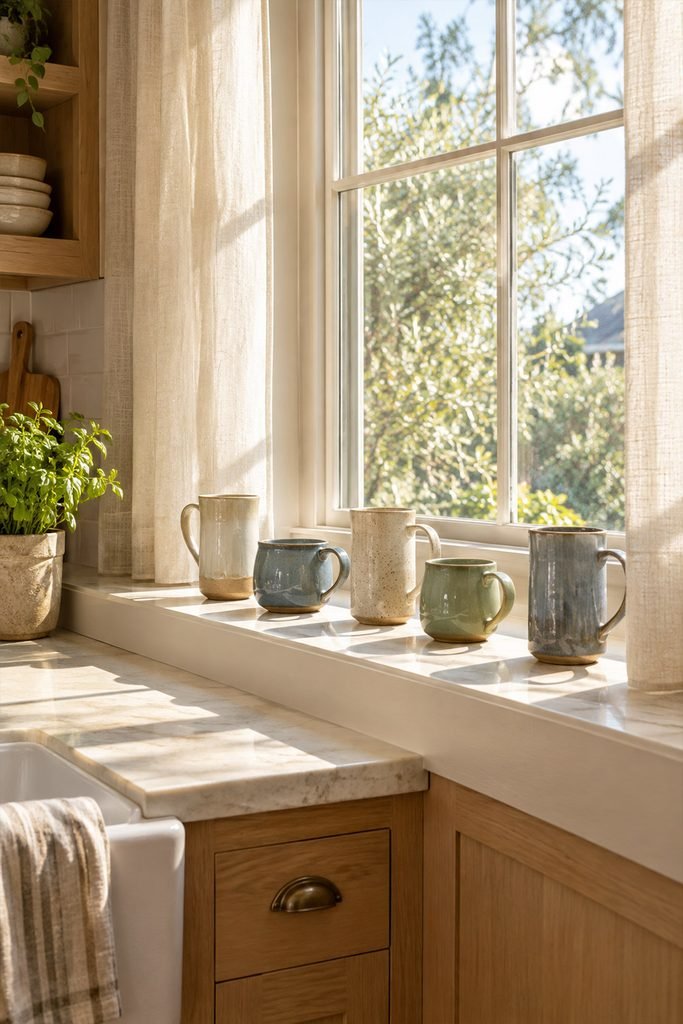 Handmade ceramic mugs arranged along a sunny kitchen windowsill in morning light