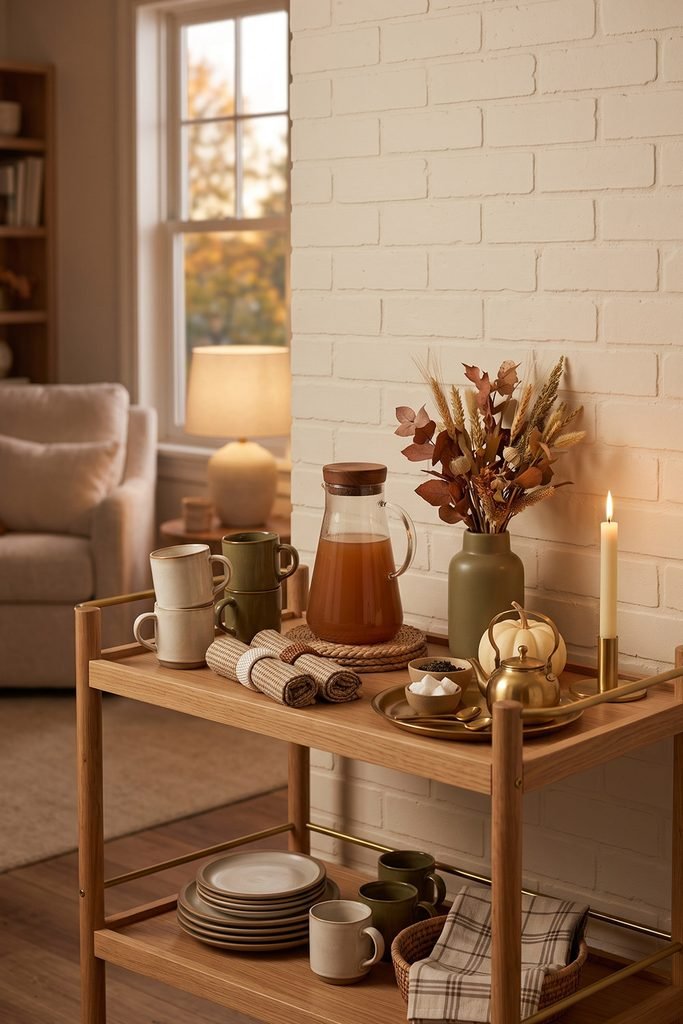 Cozy Thanksgiving beverage station with mugs and autumn accents