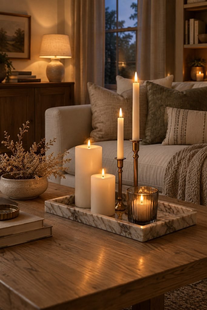 Flickering candles on a marble tray creating an intimate living room glow