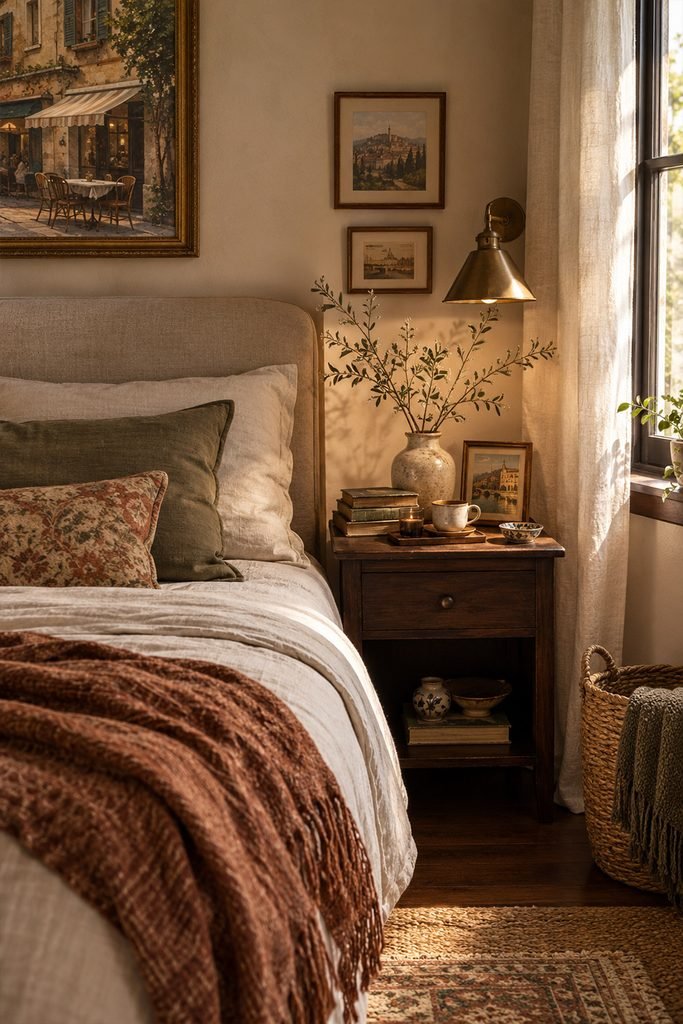 Cozy European café inspired bedroom with vintage ceramics, books, flowers, coffee tray, and collected decor