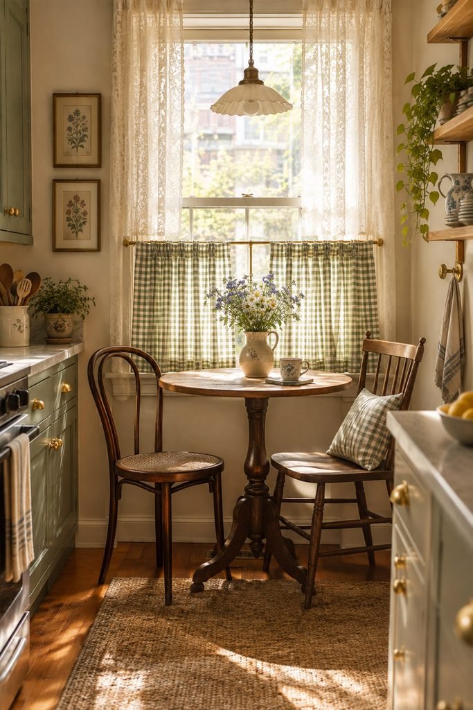 Small vintage apartment breakfast nook with lace and sage gingham curtains, wooden table, vintage chairs, and flowers