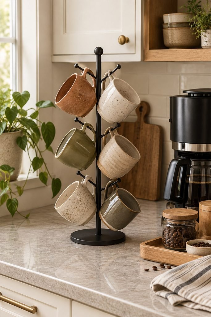 Cream, olive, and terracotta mugs displayed on a black wire mug tree beside a coffee station