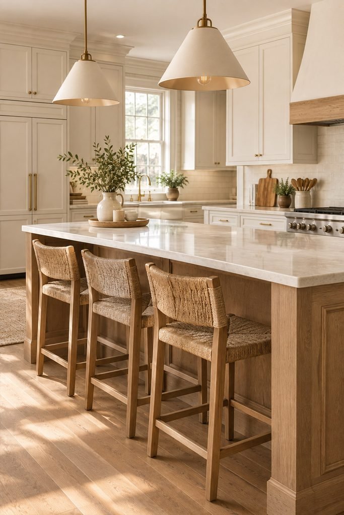 Natural wood and woven counter stools arranged at a spacious kitchen island with warm white cabinetry.