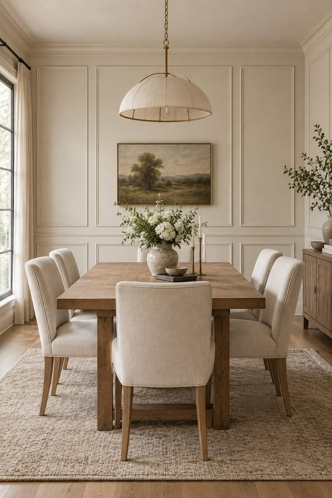 Classic white picture-frame wall molding in an elegant dining room